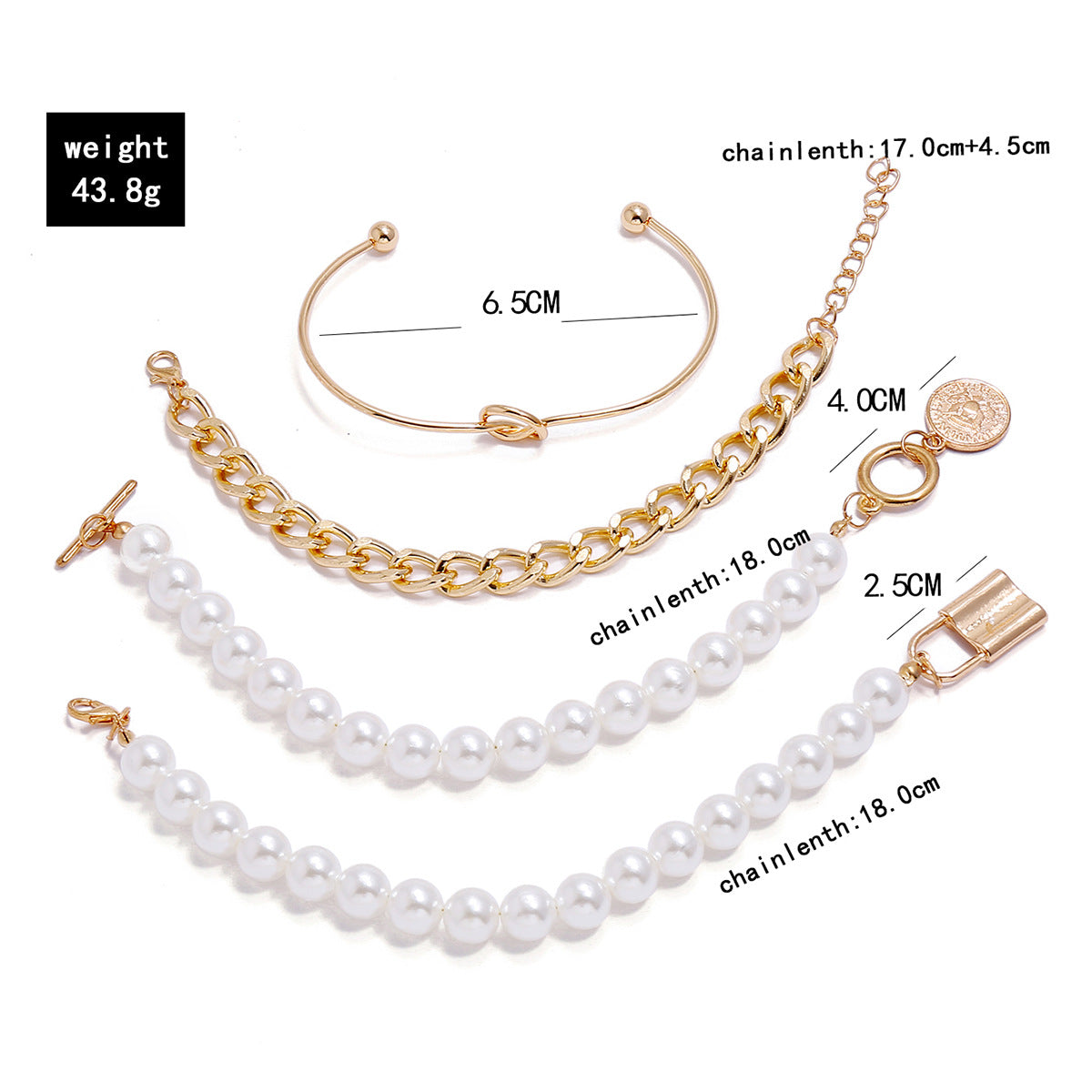European and American exaggerated punk street style embossed portrait imitation pearl lock 4 four-piece set, male and female couple bracelet