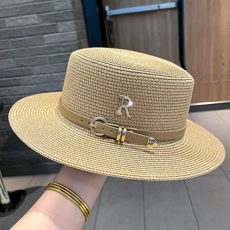 2023 New Metal R Letter Leather Ring with Straw Hat Casual Summer Sunshade Sun Protection Hat Women's Stylish Beach Top Hat