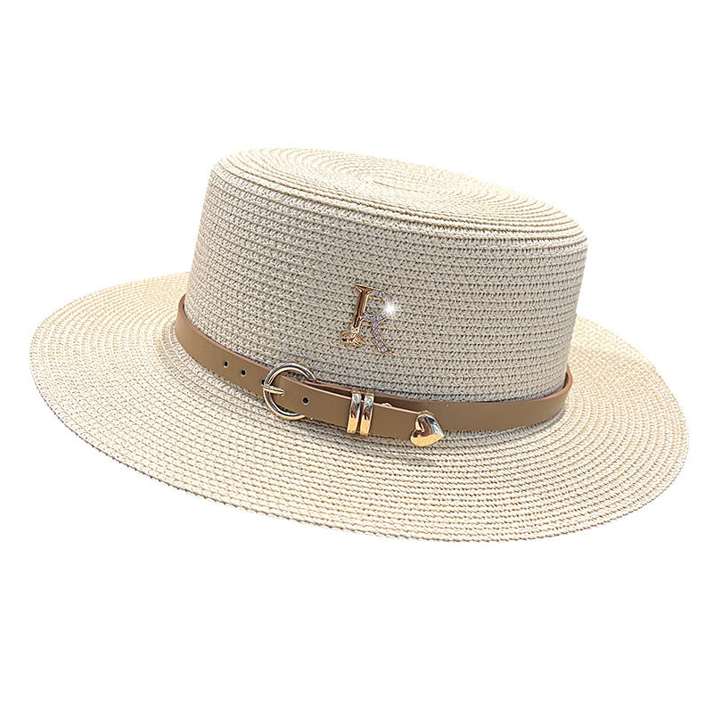 2023 New Metal R Letter Leather Ring with Straw Hat Casual Summer Sunshade Sun Protection Hat Women's Stylish Beach Top Hat