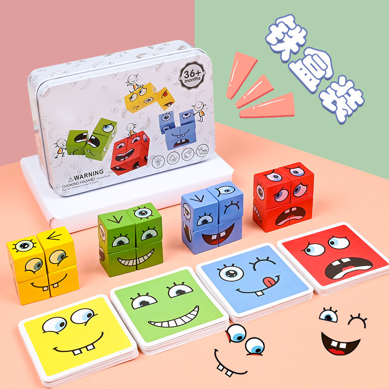 Children's Face Changing Rubik's Cube Building Block Toys Wholesale Parent-Child Interactive Desktop Battle Game Wooden Smiling Face Expression Rubik's Cube