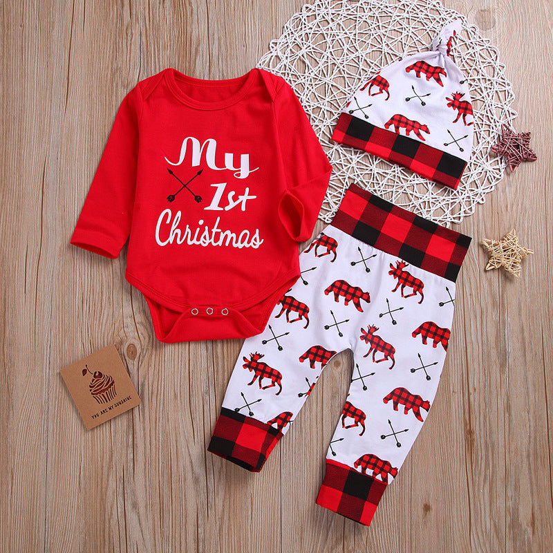 Female children European and American spring and autumn long-sleeved Christmas letter one-piece romper romper + trousers three-piece children's clothing ins