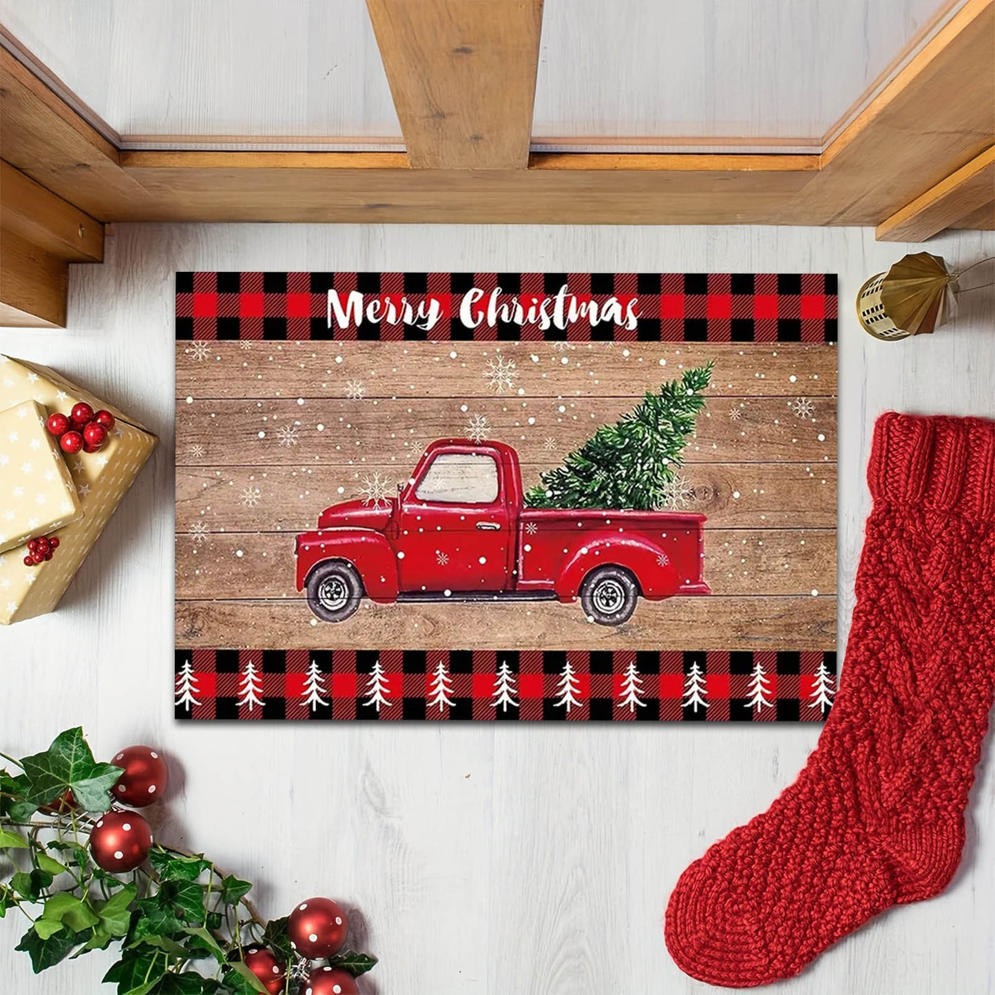 Foreign trade Christmas series family truck decoration entrance door porch holiday welcome mat plaid floor mat